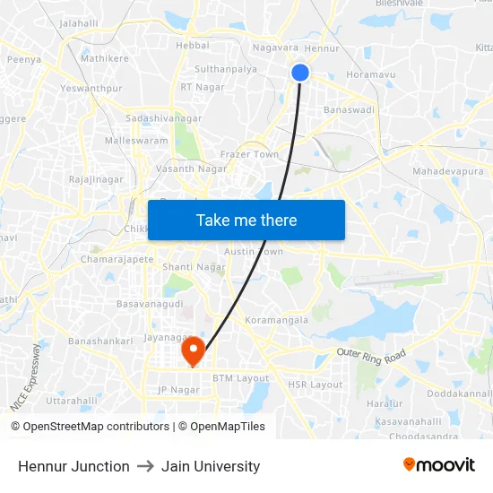 Hennur Junction to Jain University map