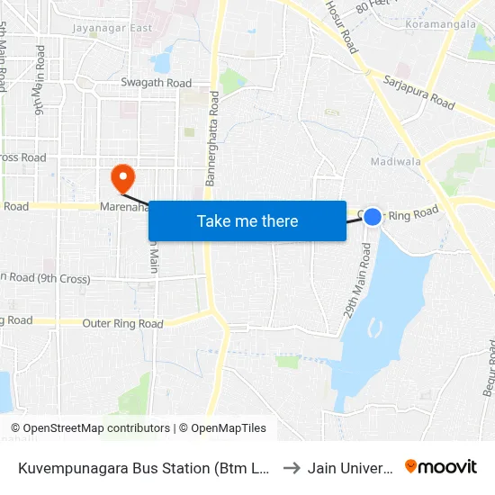Kuvempunagara Bus Station (Btm Layout) to Jain University map