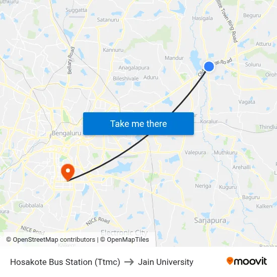 Hosakote Bus Station (Ttmc) to Jain University map