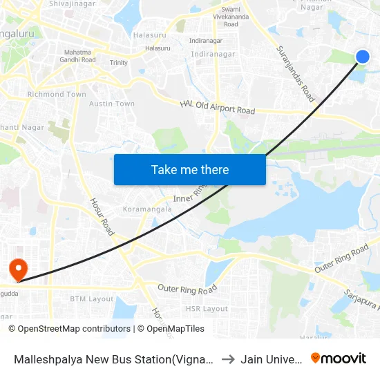 Malleshpalya New Bus Station(Vignananagar) to Jain University map