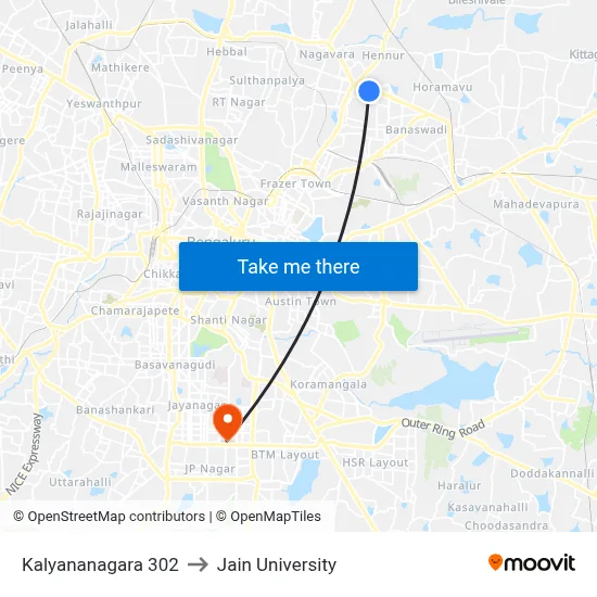 Kalyananagara 302 to Jain University map