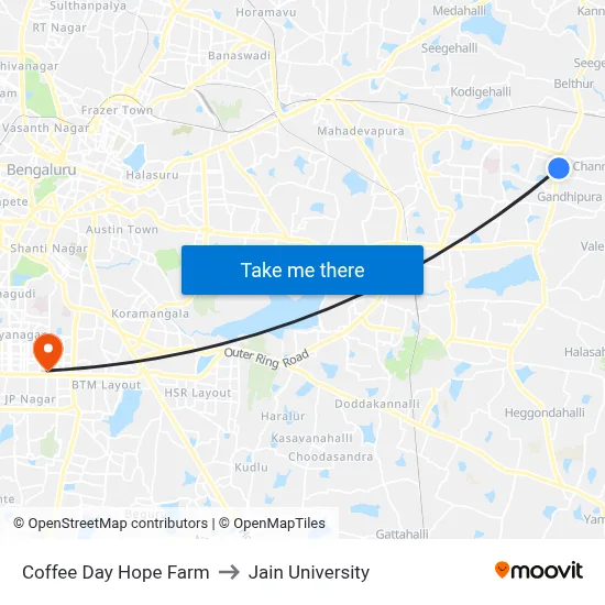 Coffee Day Hope Farm to Jain University map