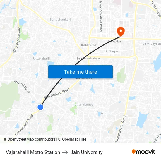 Vajarahalli Metro Station to Jain University map