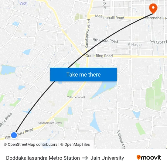 Doddakallasandra Metro Station to Jain University map