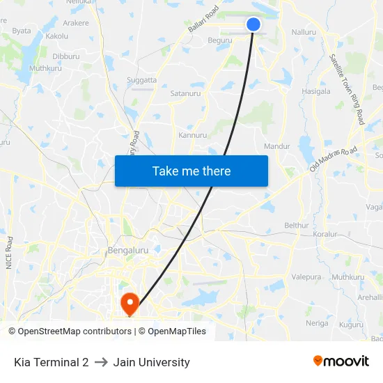 Kia Terminal 2 to Jain University map