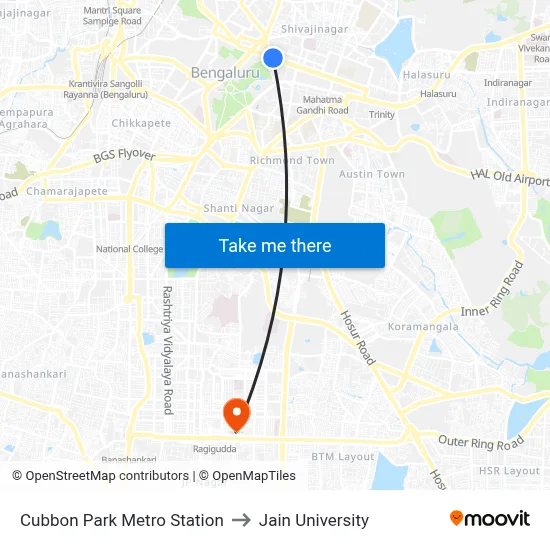 Cubbon Park Metro Station to Jain University map