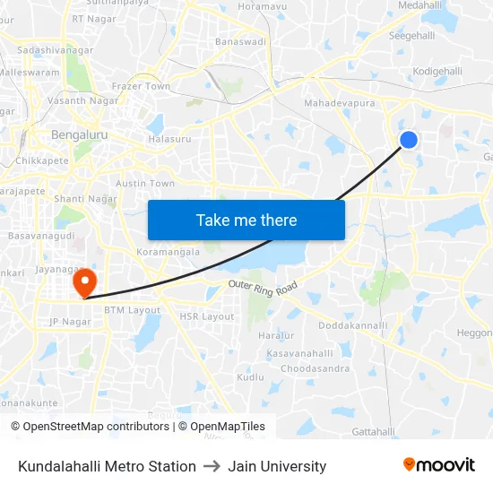 Kundalahalli Metro Station to Jain University map