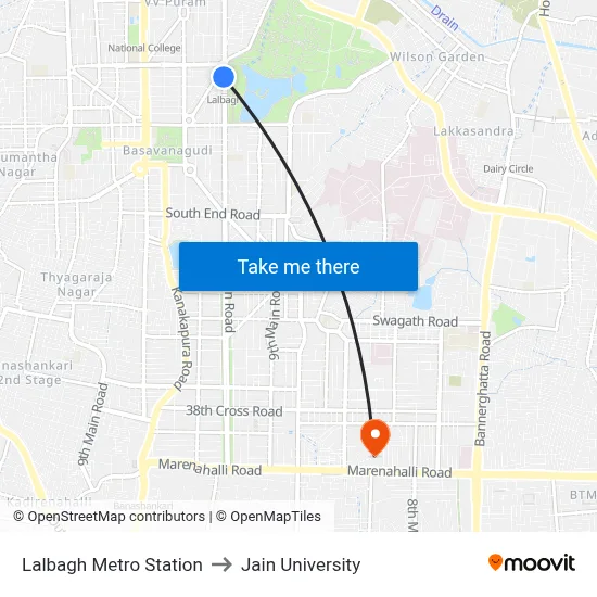 Lalbagh Metro Station to Jain University map