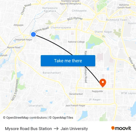 Mysore Road Bus Station to Jain University map