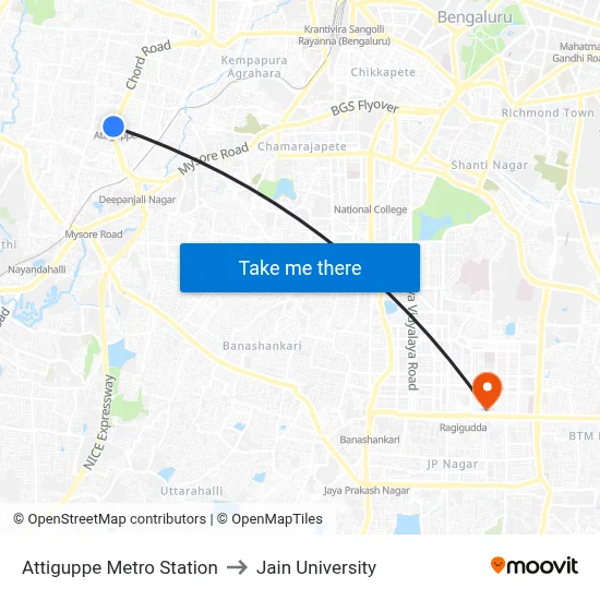 Attiguppe Metro Station to Jain University map