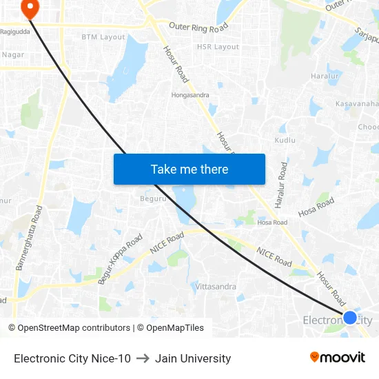 Electronic City Nice-10 to Jain University map