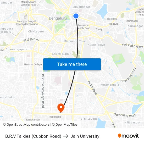 B.R.V.Talkies (Cubbon Road) to Jain University map