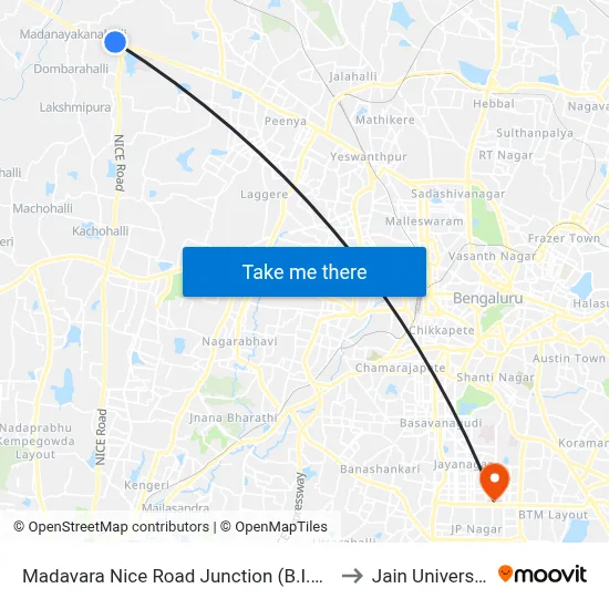 Madavara Nice Road Junction (B.I.E.C) to Jain University map