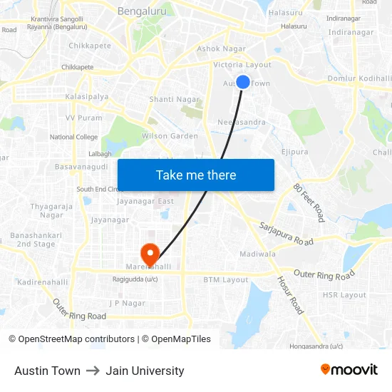 Austin Town to Jain University map