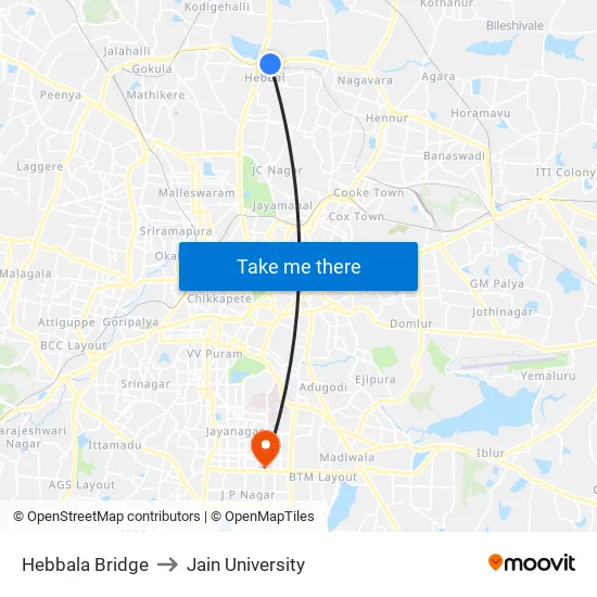 Hebbala Bridge to Jain University map