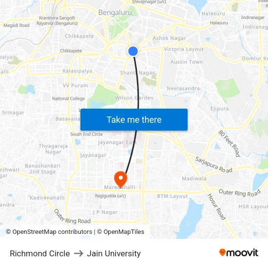 Richmond Circle to Jain University map