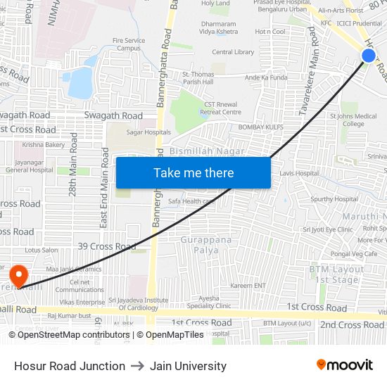 Hosur Road Junction to Jain University map