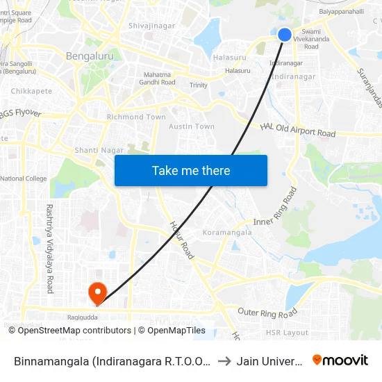 Binnamangala (Indiranagara R.T.O.Office) to Jain University map