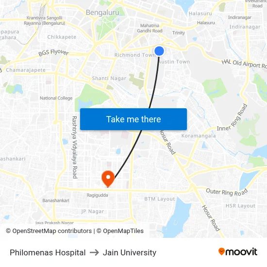 Philomenas Hospital to Jain University map
