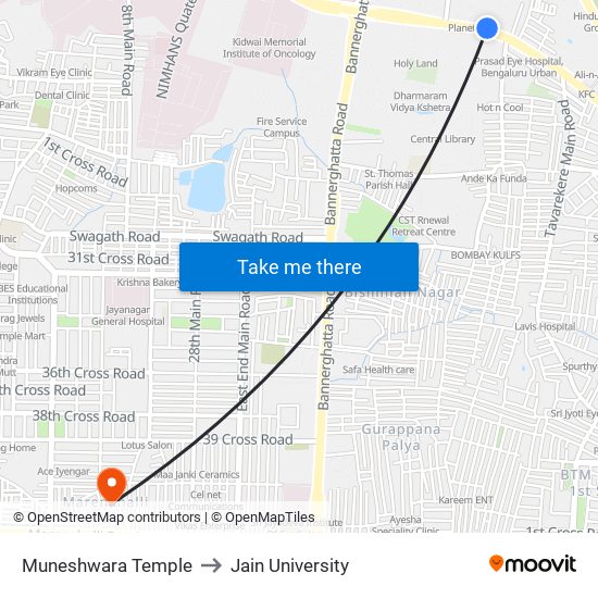 Muneshwara Temple to Jain University map