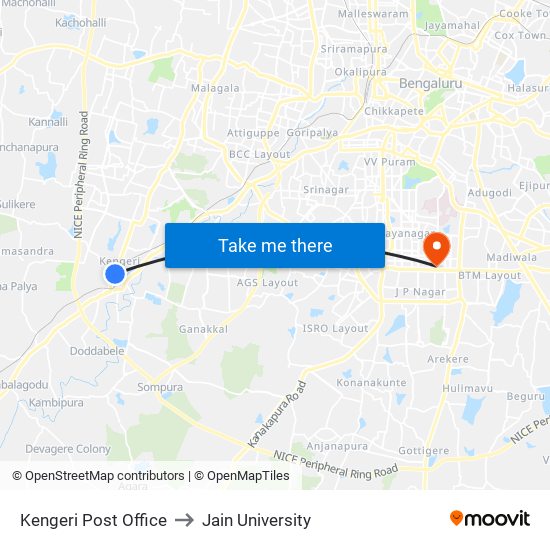 Kengeri Post Office to Jain University map