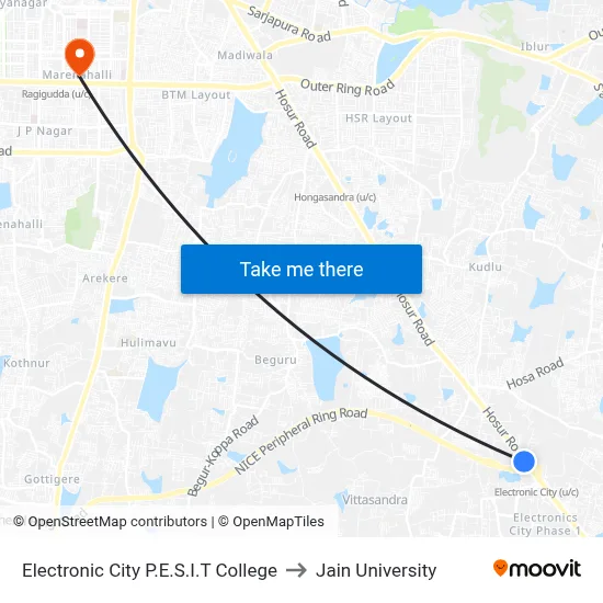 Electronic City P.E.S.I.T College to Jain University map