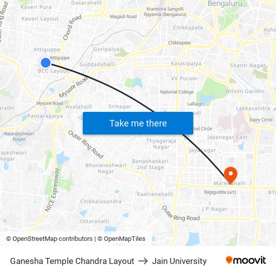 Ganesha Temple Chandra Layout to Jain University map