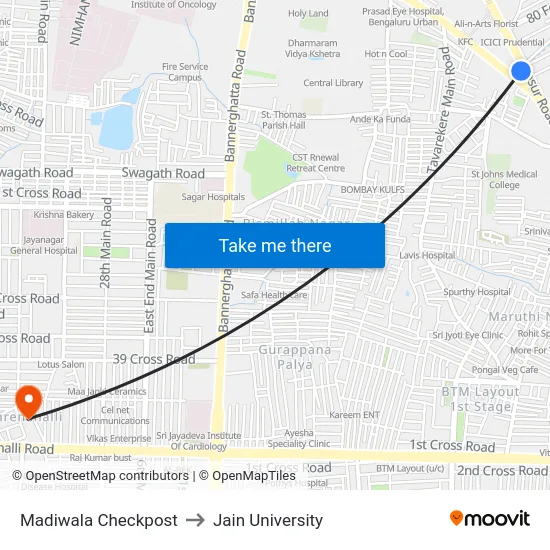 Madiwala Checkpost to Jain University map