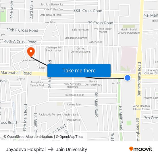 Jayadeva Hospital to Jain University map