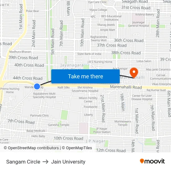 Sangam Circle to Jain University map