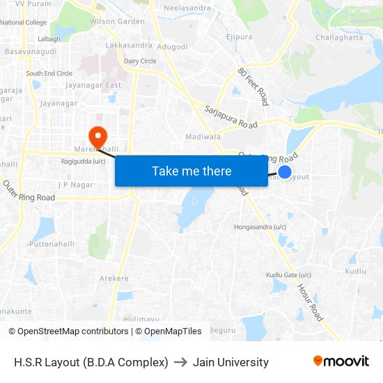 H.S.R Layout (B.D.A Complex) to Jain University map
