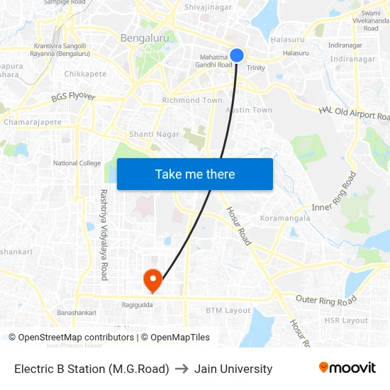 Electric B Station (M.G.Road) to Jain University map