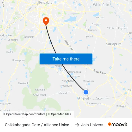 Chikkahagade Gate / Alliance University to Jain University map