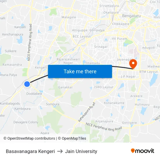 Basavanagara Kengeri to Jain University map