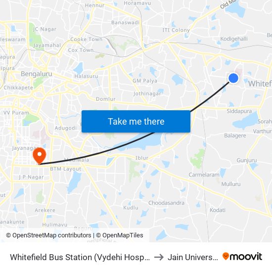 Whitefield Bus Station (Vydehi Hospital) to Jain University map