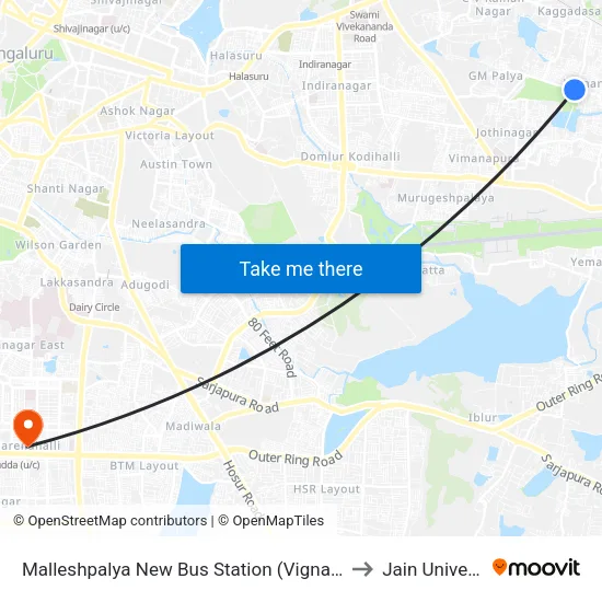 Malleshpalya New Bus Station (Vignananagar) to Jain University map