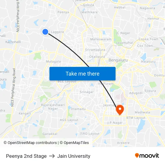 Peenya 2nd Stage to Jain University map