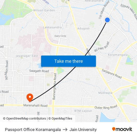 Passport Office Koramangala to Jain University map