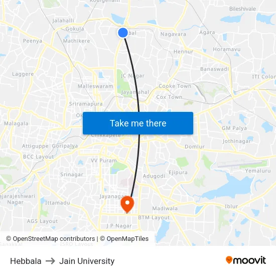 Hebbala to Jain University map