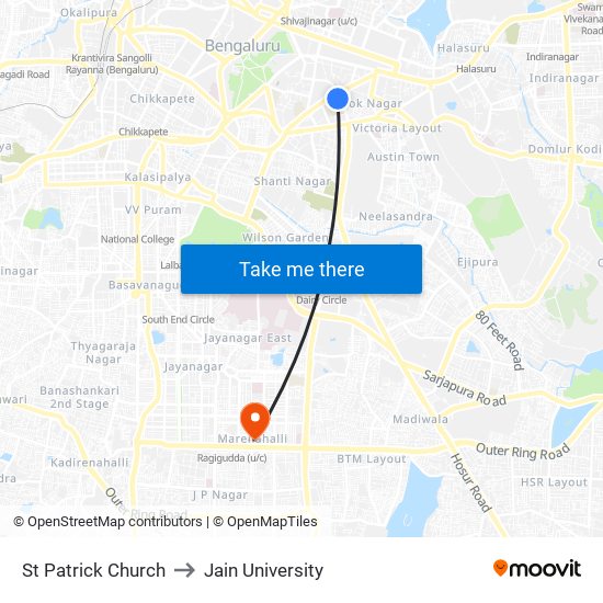 St Patrick Church to Jain University map