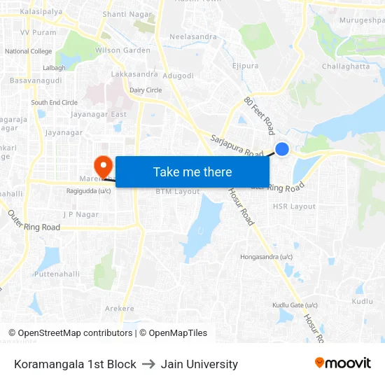 Koramangala 1st Block to Jain University map