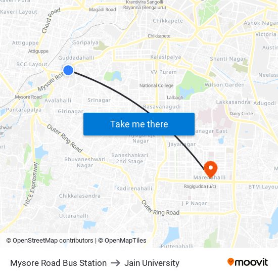 Mysore Road Bus Station to Jain University map