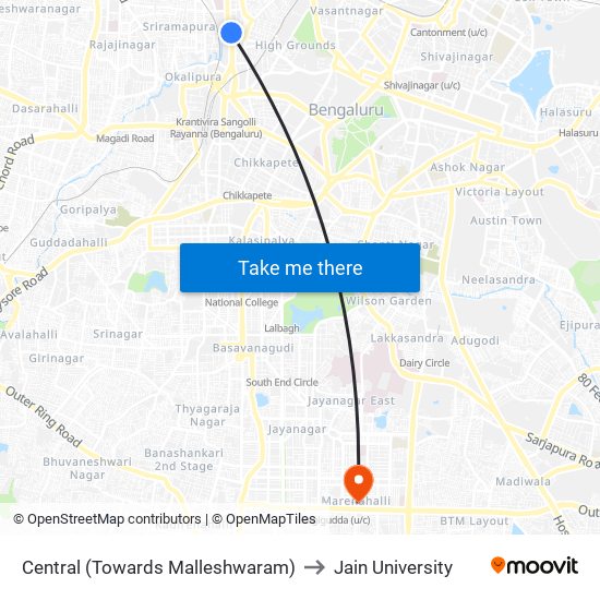 Central (Towards Malleshwaram) to Jain University map