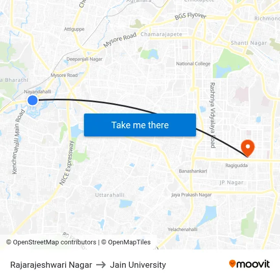 Rajarajeshwari Nagar to Jain University map