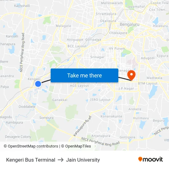 Kengeri Bus Terminal to Jain University map