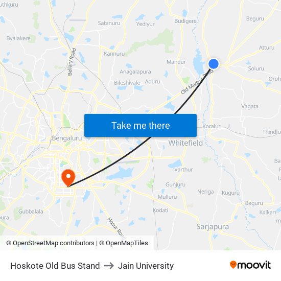 Hoskote Old Bus Stand to Jain University map