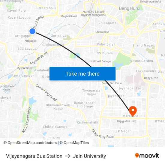 Vijayanagara Bus Station to Jain University map