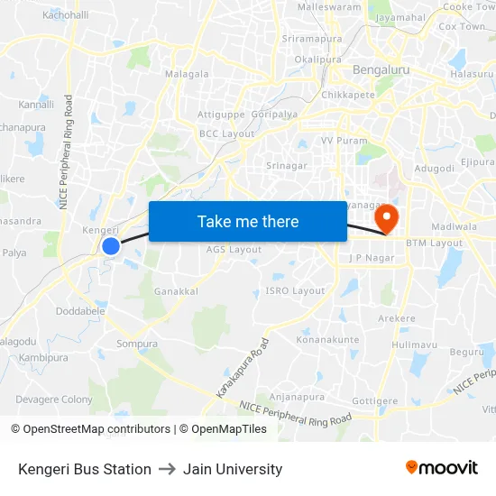 Kengeri Bus Station to Jain University map