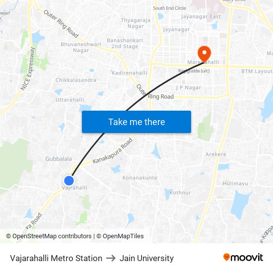 Vajarahalli Metro Station to Jain University map