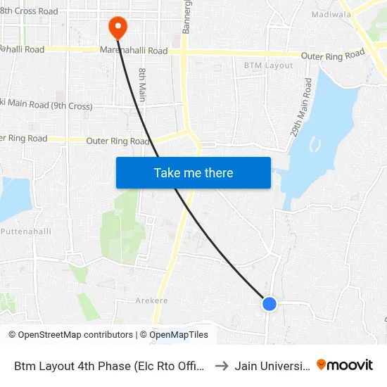 Btm Layout 4th Phase (Elc Rto Office) to Jain University map